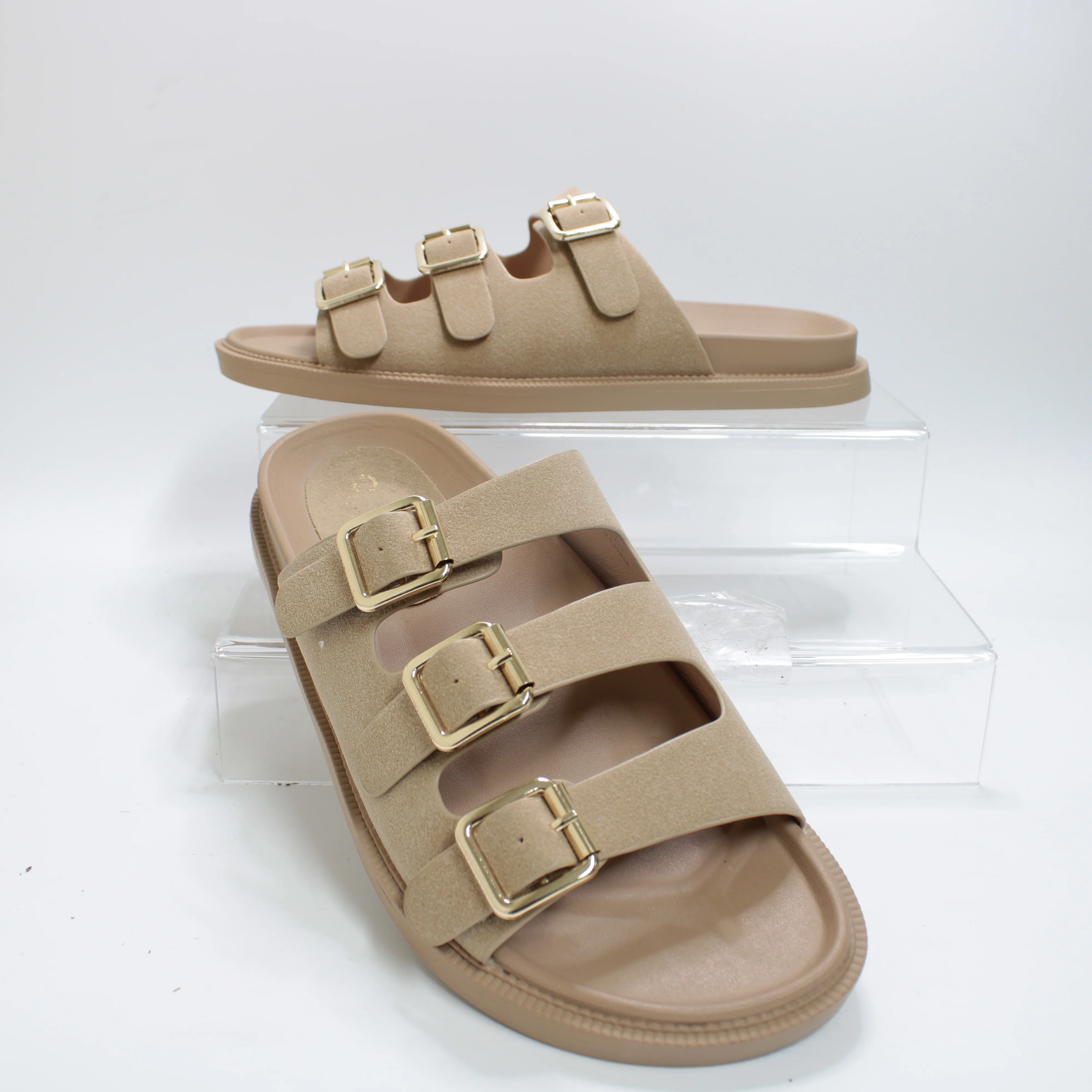 Womens OFFICE Saturn 3 Strap Footbed Slider Beige - Image 4